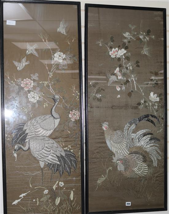 Two Japanese silkwork panels, largest 129 x 43cm